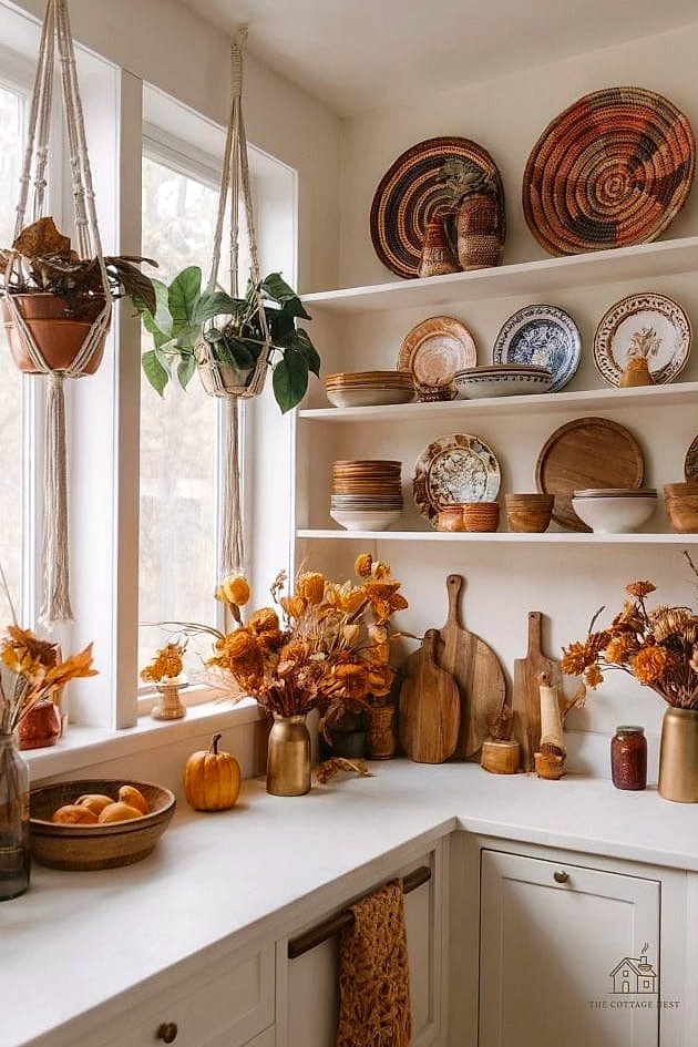 30 Stunning Fall Kitchen Decor Ideas That'll Make You Want to Cook All Season 27 Mismatched Vintage Mugs on Open Hooks