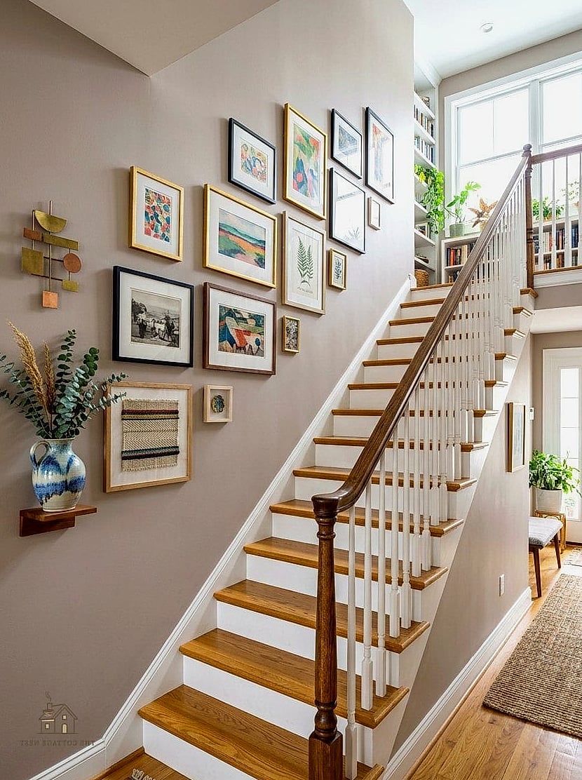 50 Clever Stairs Wall Decor Ideas for Every Style 9 Mixed Media Collage Wall