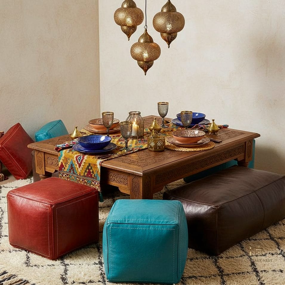 40 Cozy Boho Dining Room Decor Ideas Worth Pinning 9 Moroccan Pouf as Extra Seating