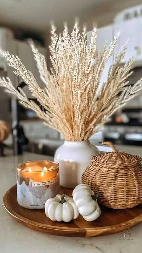 30 Dreamy Fall Tray Decorating Ideas to Try This Season 8 Neutral Boucle and Linen Tray