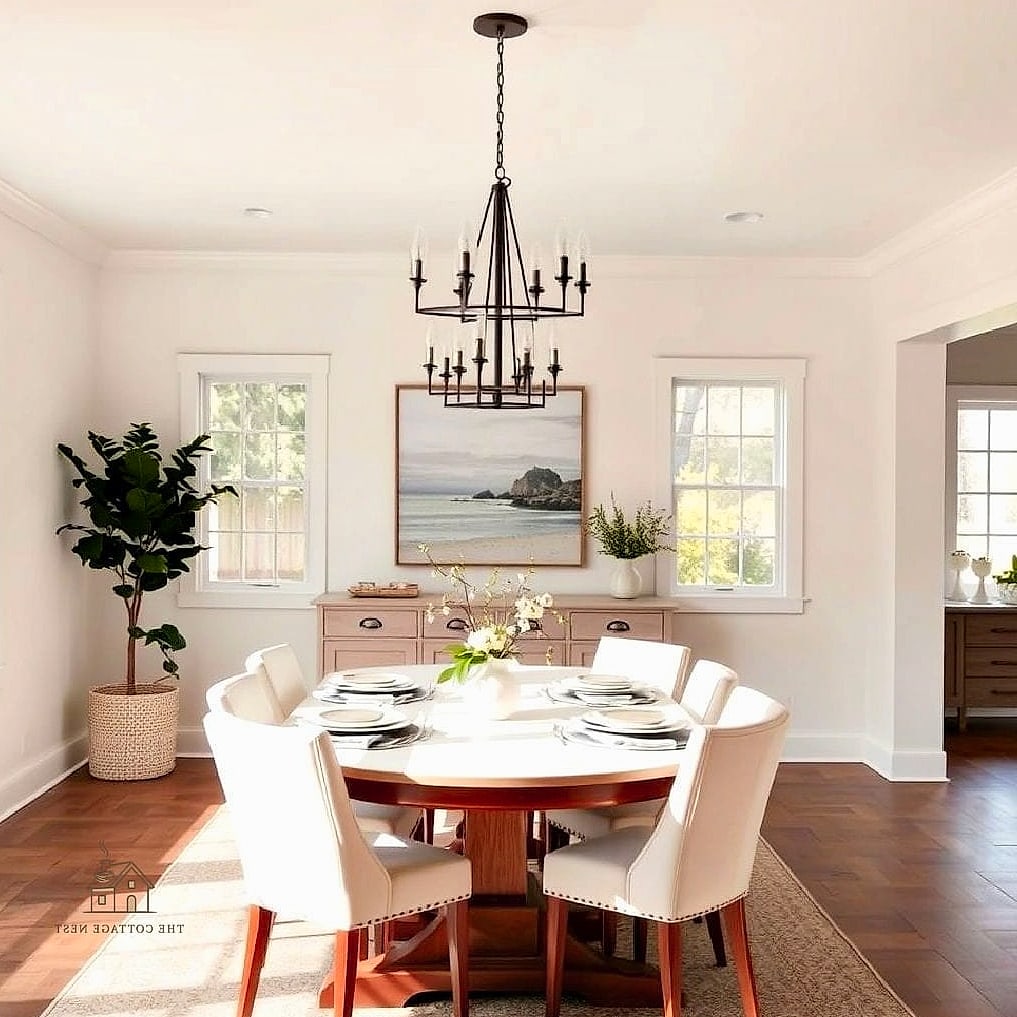 35 Gorgeous Farmhouse Dining Room Decor Ideas That Are Totally Doable 10 Neutral Color Palette with Warm Wood Tones