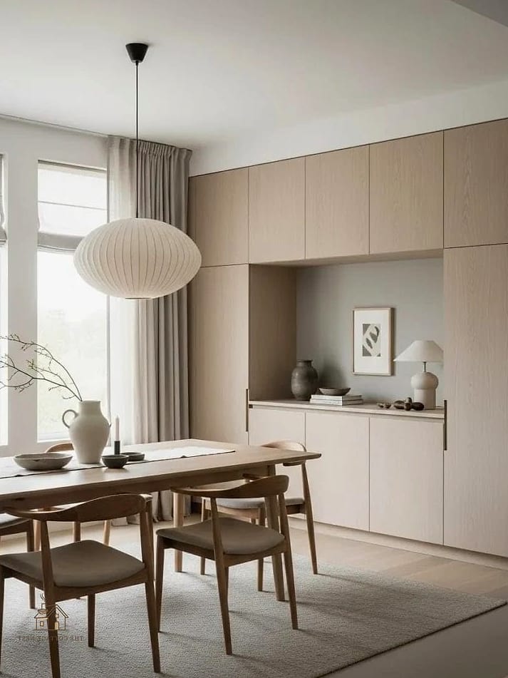 45 Gorgeous Japandi Dining Room Ideas That Are Totally Doable 3 Neutral Linen Curtains