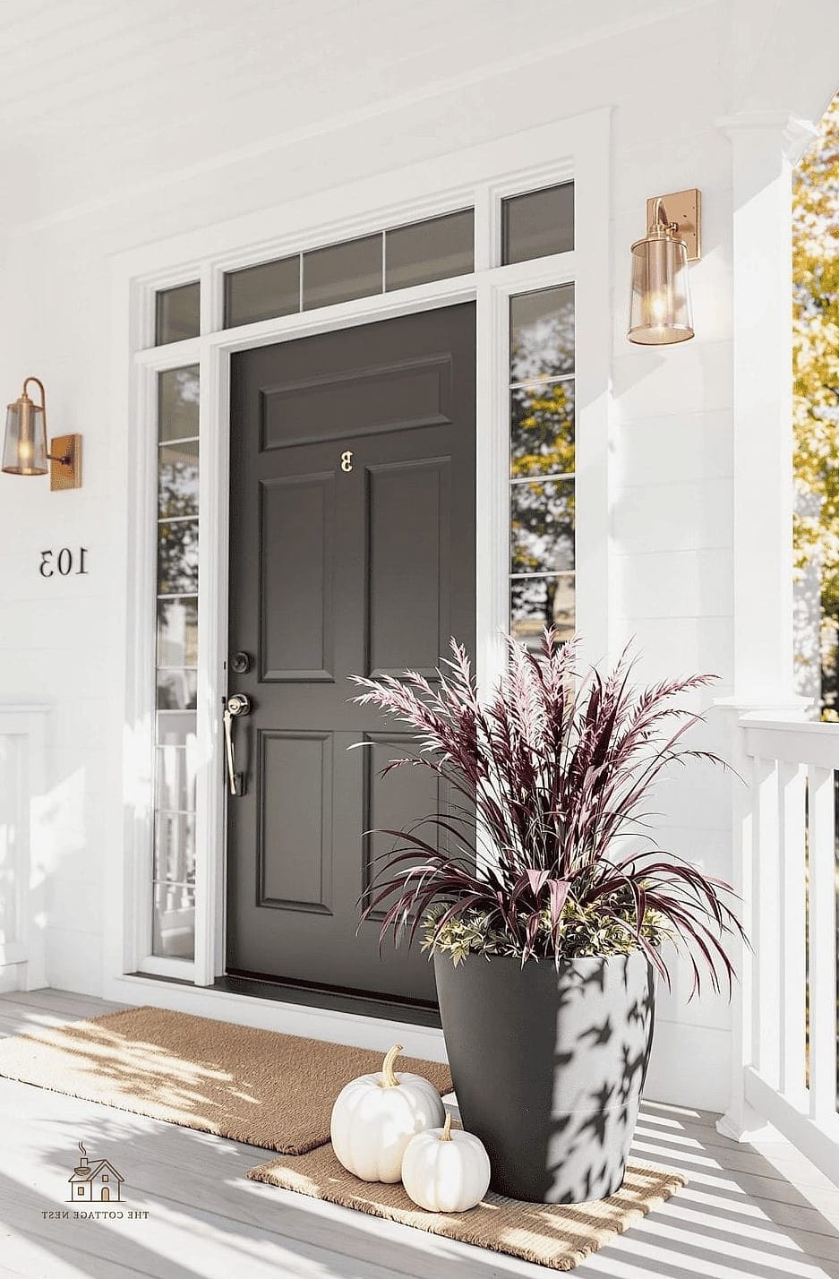 15 Creative Beautiful Fall Front Porch Decor Ideas That Will Inspire You 11 A Neutral, Modern Take With White and Cream Pumpkins