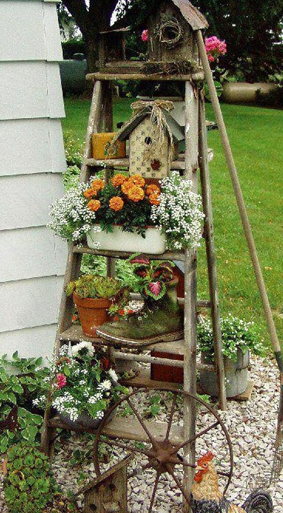 50 Clever Junk Garden Ideas Repurposed for Every Style 4 Old Ladder Plant Stand