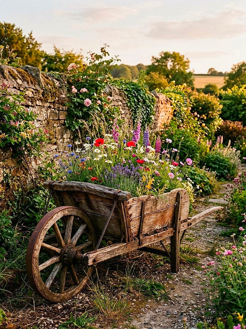 Old Wooden Wheelbarrow with Trailing Ivy