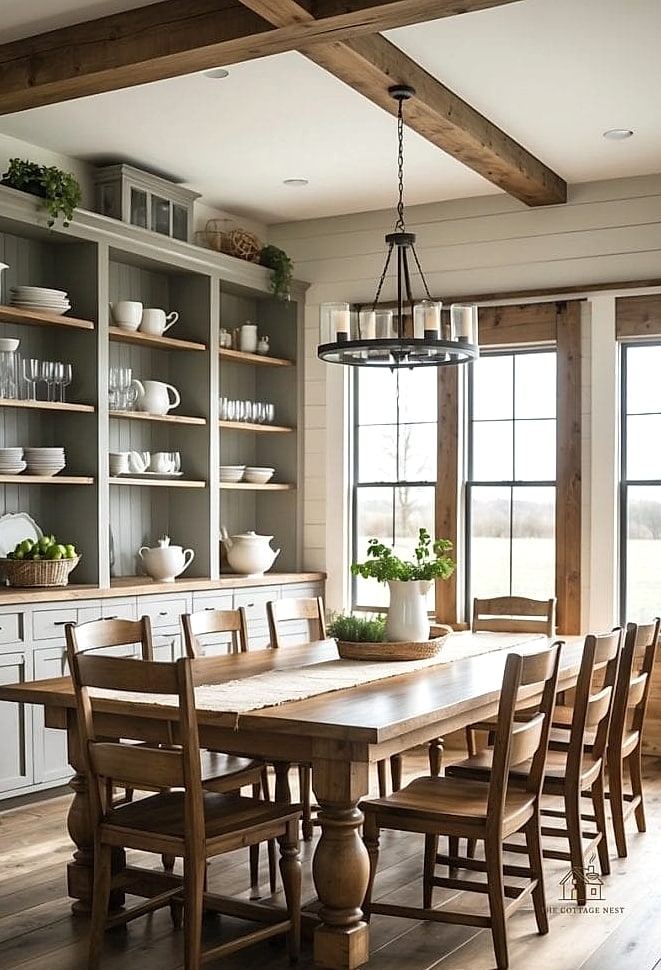 35 Gorgeous Farmhouse Dining Room Decor Ideas That Are Totally Doable 6 Open Shelving with Farmhouse Dishware