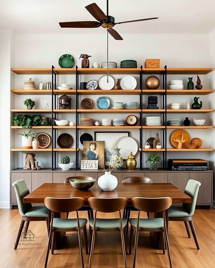 30 Clever Eclectic Dining Room Ideas for Every Style 8 Open Shelving Filled with Mismatched Dishware