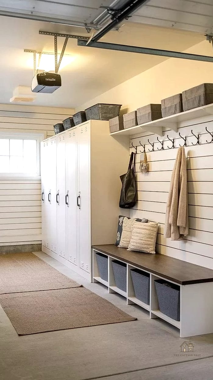 45 Stunning Garage Entryway Ideas You'll Absolutely Love 8 Open Shelving Above the Bench