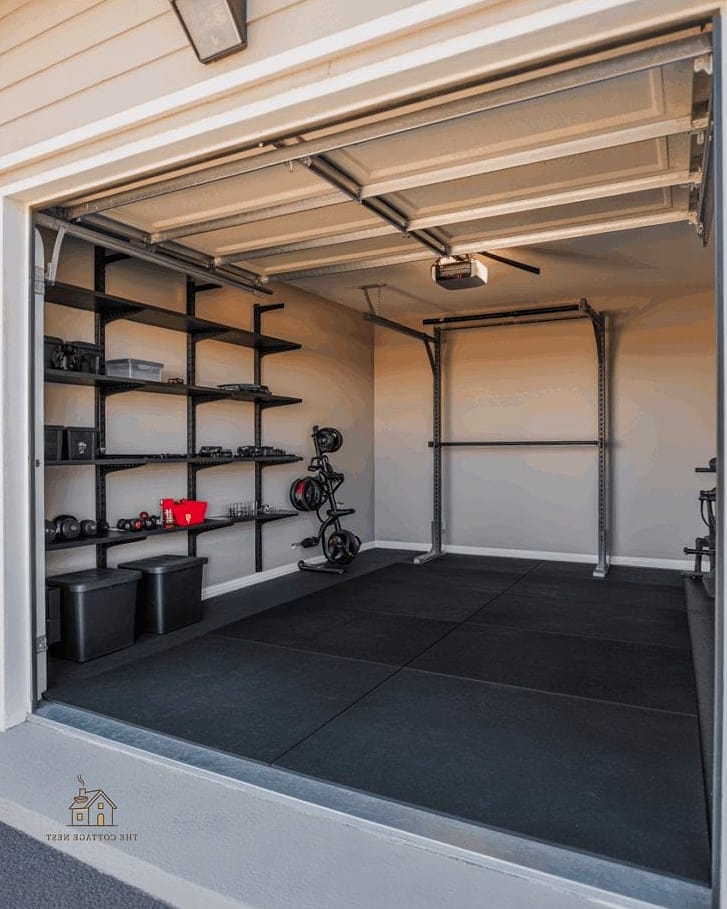 50 Beautiful Garage Gym Ideas to Transform Your Space 13 Open Shelving for Weight Plates