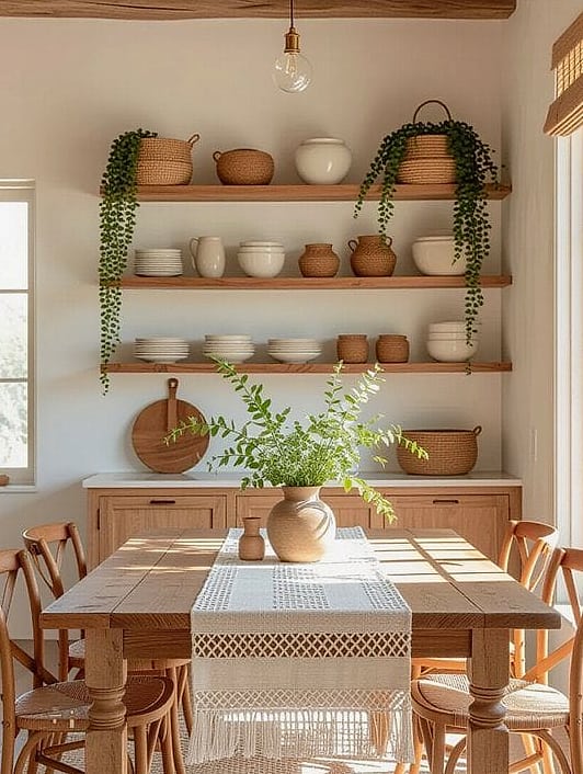 40 Cozy Boho Dining Room Decor Ideas Worth Pinning 36 Open Shelving with Curated Objects