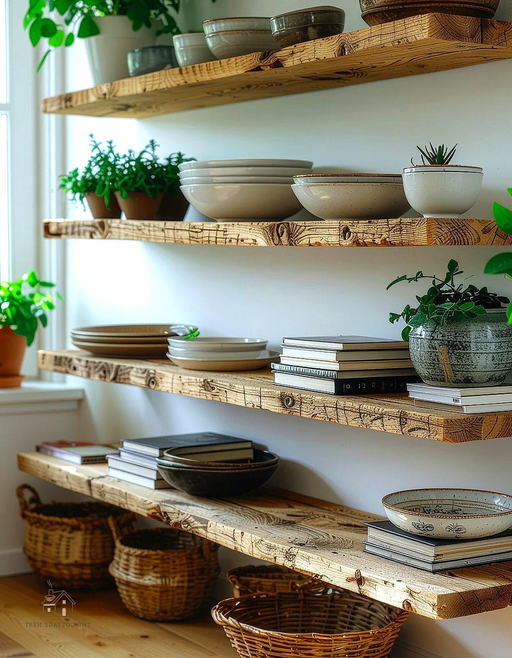 30 Dreamy Farmhouse Fall Decor Ideas to Try This Season 11 Open Shelving Styled with Stoneware