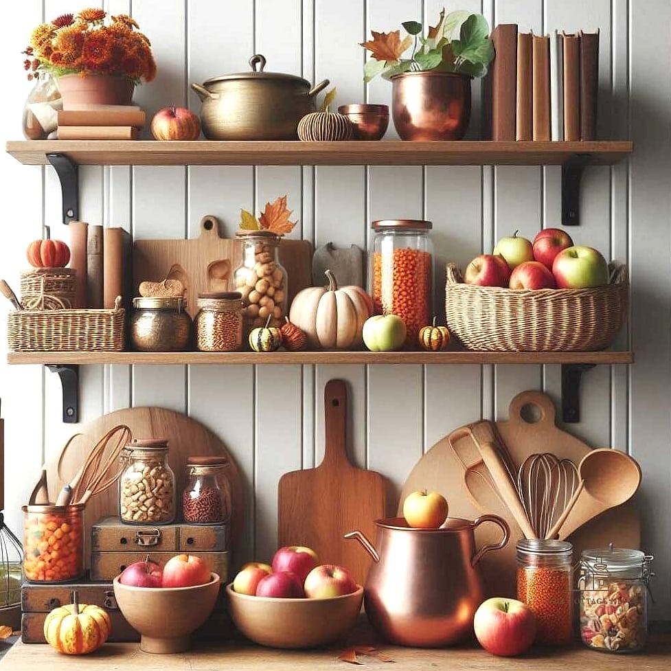 15 Brilliant Fall Kitchen Decor to Copy Right Now 6 Open Shelving Styled with Stoneware