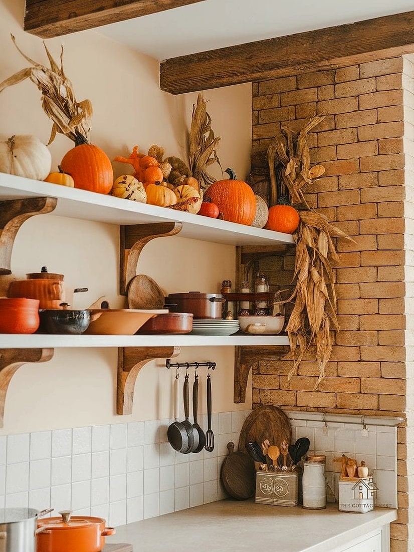 30 Stunning Fall Kitchen Decor Ideas That'll Make You Want to Cook All Season 8 Open Shelving Styled with Seasonal Dishware