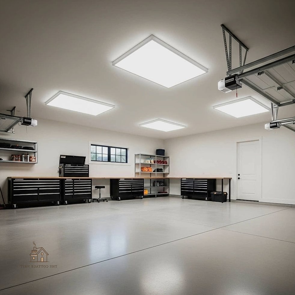 45 Stunning Garage Lighting Ideas You'll Absolutely Love 4 Overhead Flush Mount LED Panels