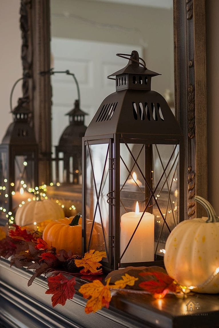 50 Amazing Fall Mantle Decor on a Budget 31 A Pair of Lanterns Flanking the Mantle