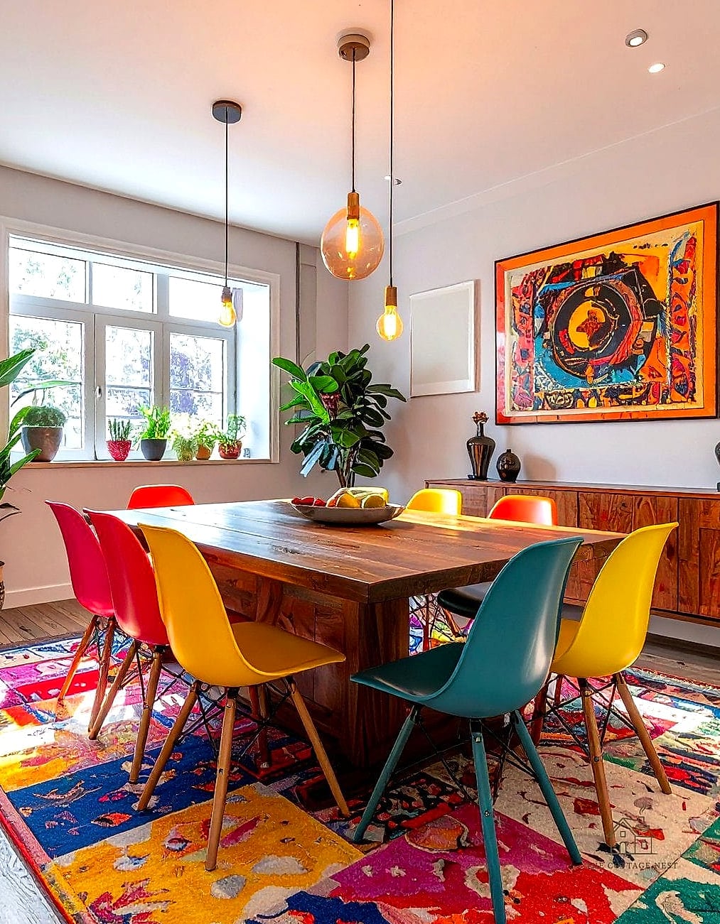 Patterned Rug Under a Farmhouse Table