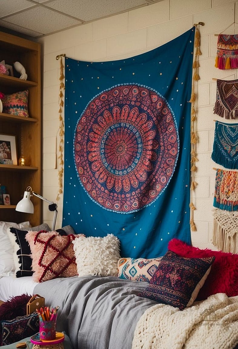 30 Beautiful Boho Dorm Room to Transform Your Space 13 Patterned Tapestry Ceiling Canopy