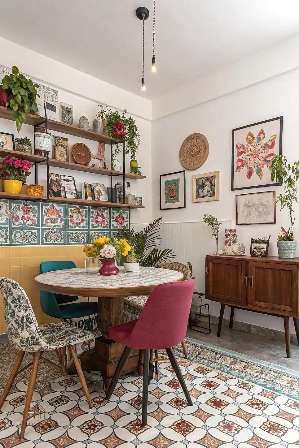 30 Clever Eclectic Dining Room Ideas for Every Style 21 Patterned Tile Flooring
