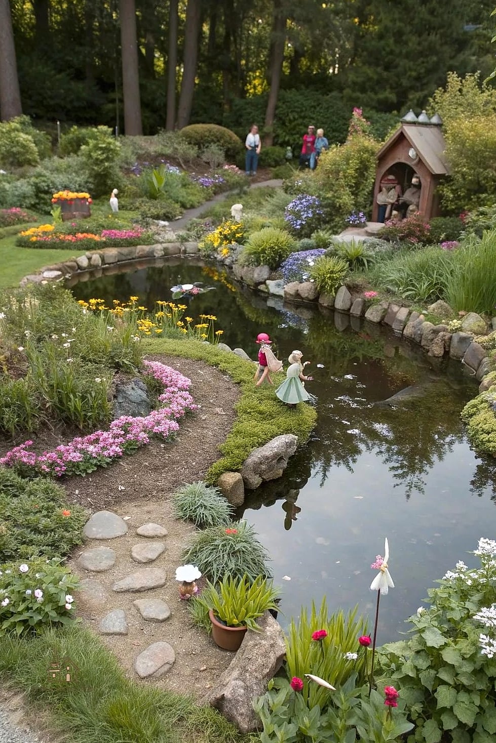 40 Cozy Large Fairy Garden Ideas Worth Pinning 5 A Pebble Pond With a Tiny Bridge