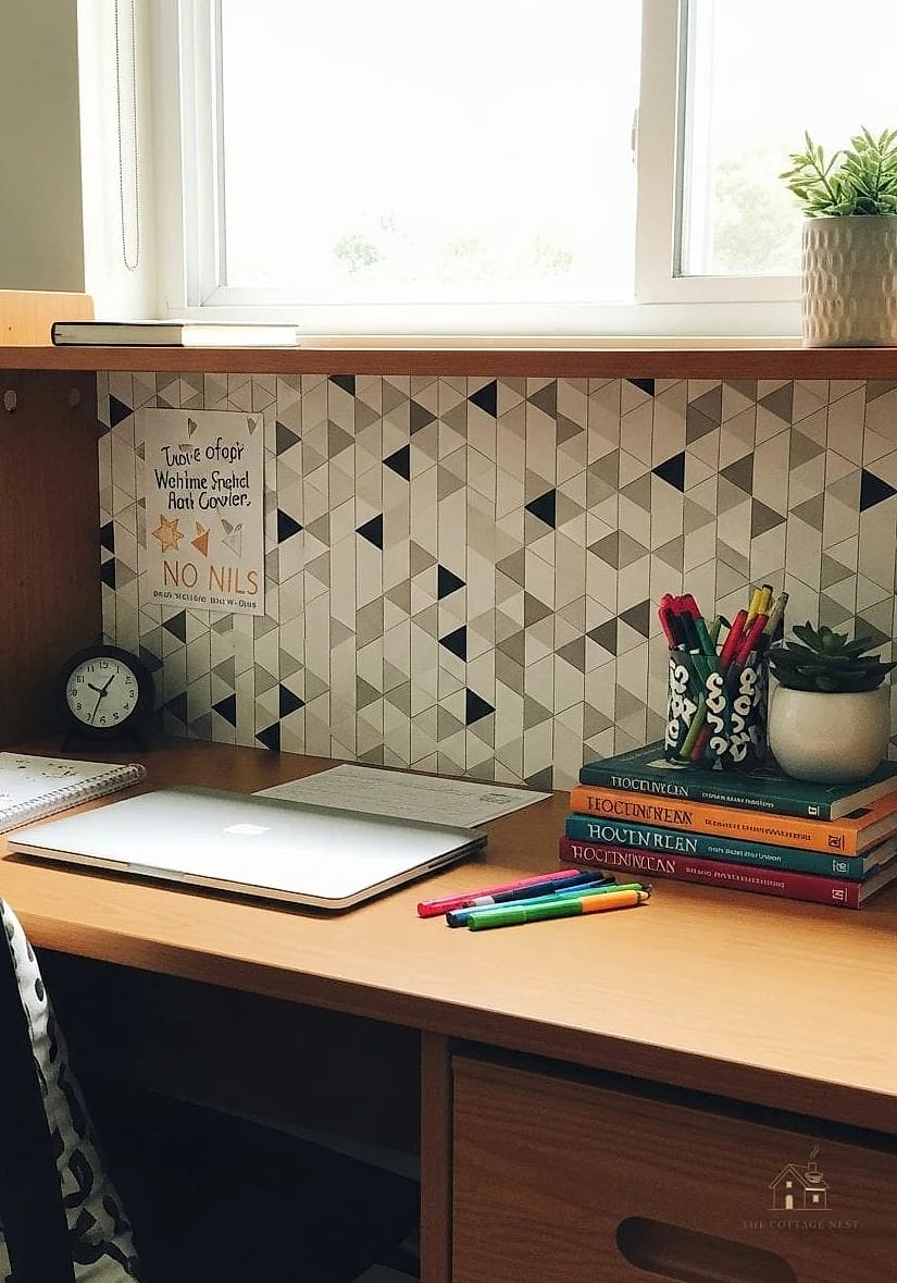 50 Beautiful College Dorm Desk Ideas to Transform Your Space 22 Peel-and-Stick Wallpaper Accent Behind the Desk