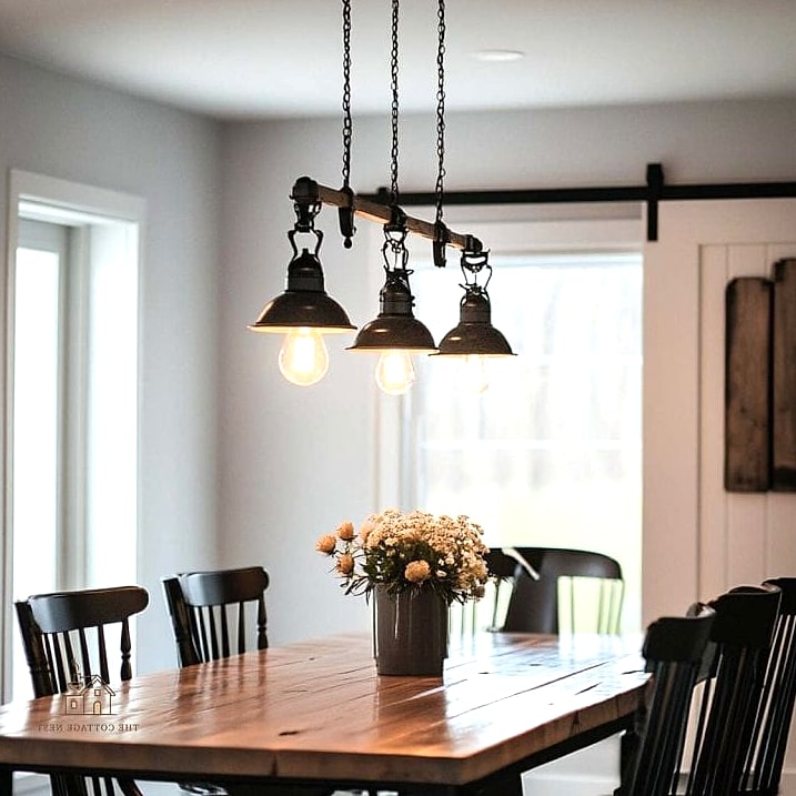 45 Brilliant Farmhouse Dining Room Lighting Ideas to Copy Right Now 42 Pendant Light Trio Over a Kitchen Island Turned Dining Space