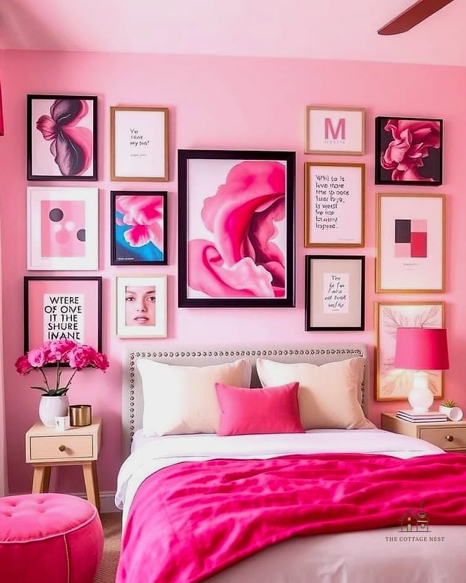 45 Brilliant Pink Dorm Room Ideas to Copy Right Now 11 Pink Gallery Wall with Mixed Frames