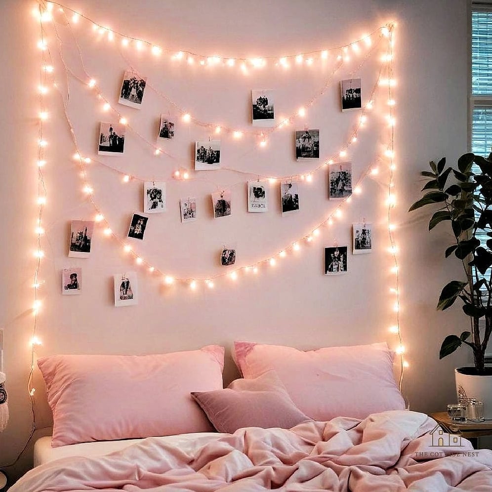 45 Brilliant Pink Dorm Room Ideas to Copy Right Now 37 Pink Polaroid or String Photo Display