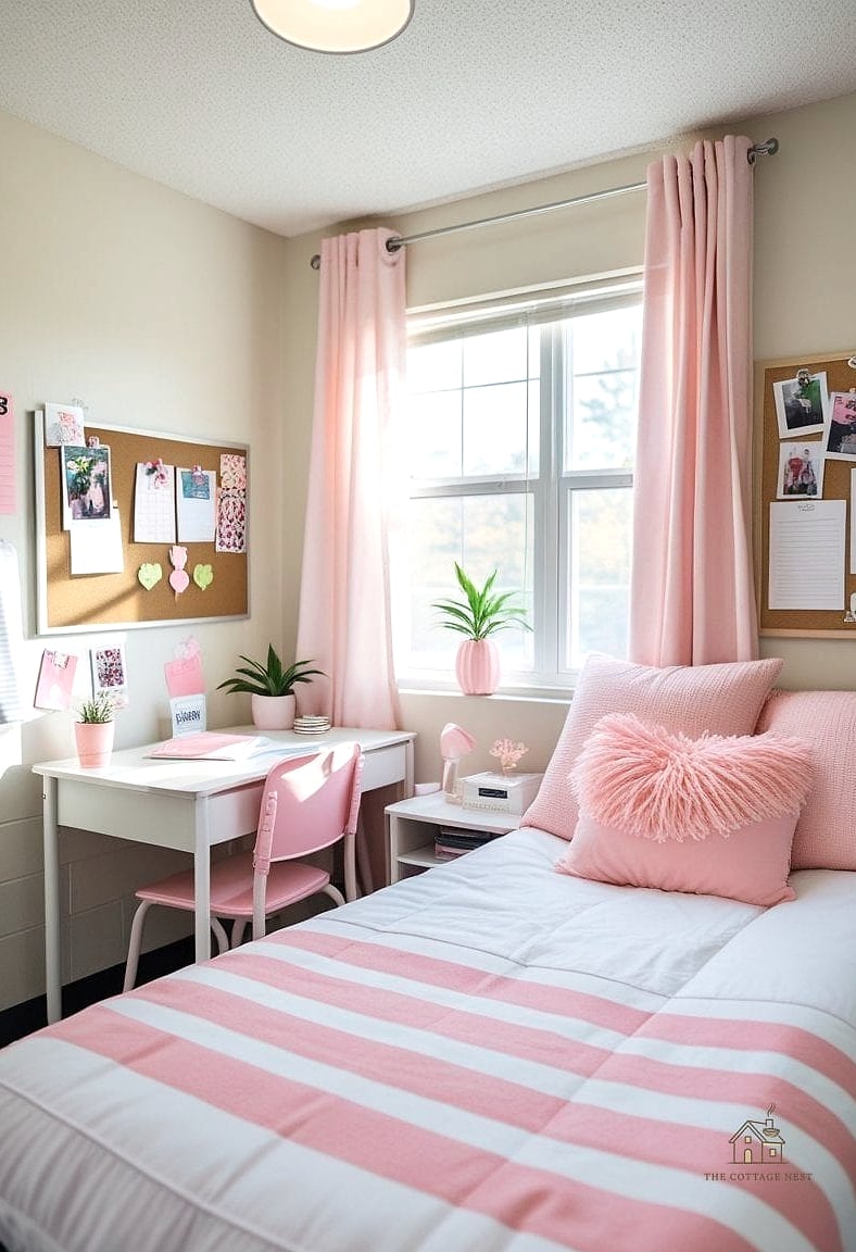 45 Brilliant Pink Dorm Room Ideas to Copy Right Now 7 Pink and White Striped Curtains