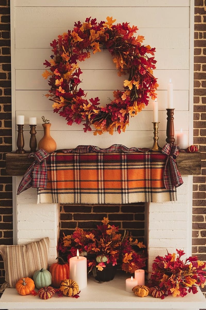 50 Amazing Fall Mantle Decor on a Budget 10 Plaid Ribbon Woven Through Greenery