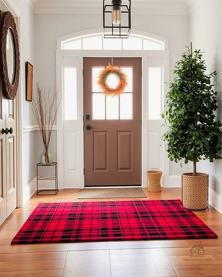 35 Brilliant Small Entryway Rug Ideas to Copy Right Now 16 Plaid Rug for a Cozy Cabin Vibe