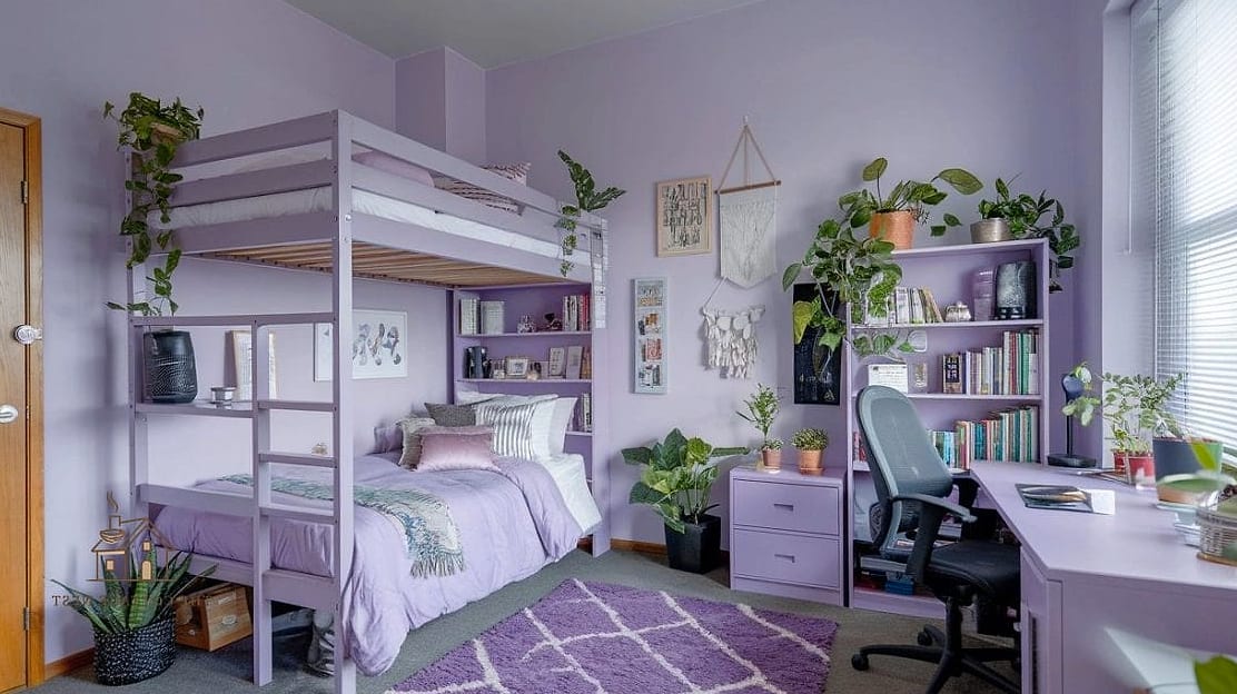 40 Amazing Purple Dorm Room Ideas on a Budget 29 Plum Area Rug Layered with a Neutral Base