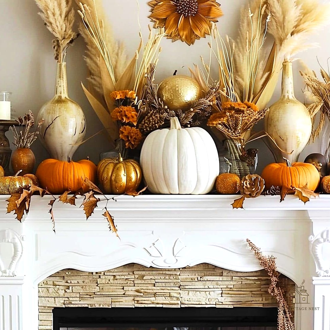 50 Amazing Fall Mantle Decor on a Budget 46 A Pumpkin Topped with Faux Greenery