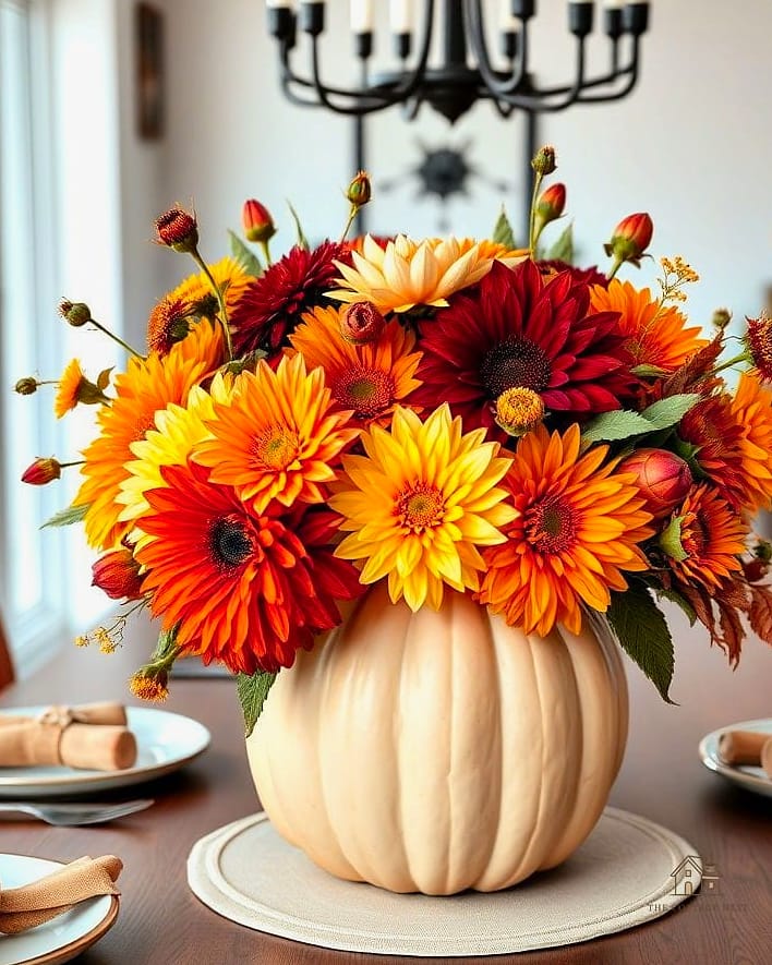 35 Beautiful Fall Table Centerpiece Ideas to Wow Your Guests 13 Pumpkin Vase with Fresh Flowers