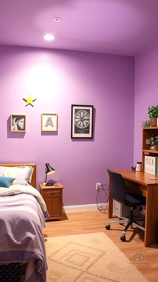 40 Amazing Purple Dorm Room Ideas on a Budget 32 Purple Accent Wall with Painter's Tape Stripes