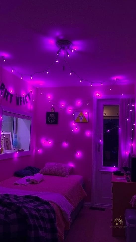 40 Amazing Purple Dorm Room Ideas on a Budget 3 Purple String Lights Along the Ceiling