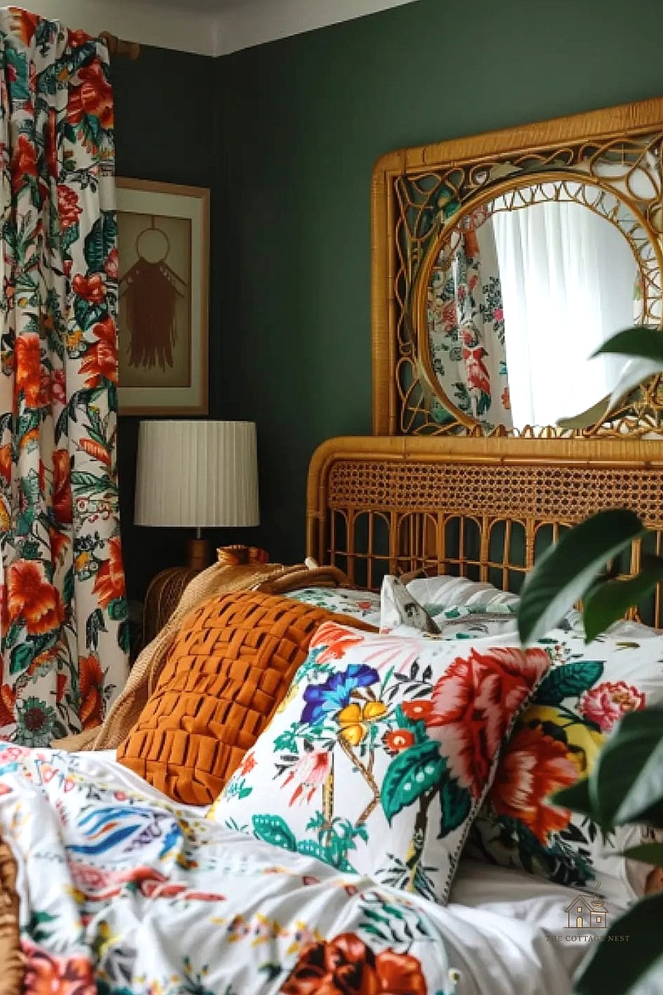 30 Beautiful Boho Dorm Room to Transform Your Space 11 Rattan Mirror as a Focal Point