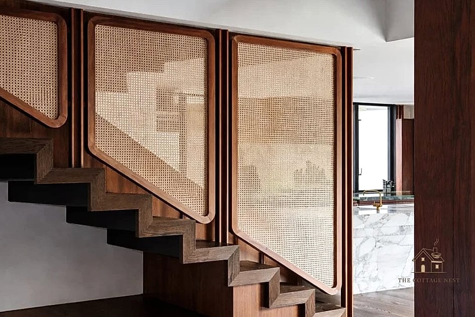 50 Clever Stairs Wall Decor Ideas for Every Style 21 Rattan or Wicker Mirror Focal Point