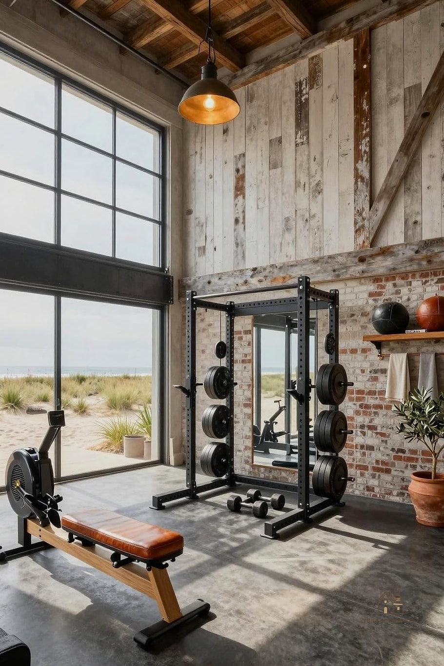 50 Beautiful Garage Gym Ideas to Transform Your Space 31 Reclaimed Wood Accent Bench