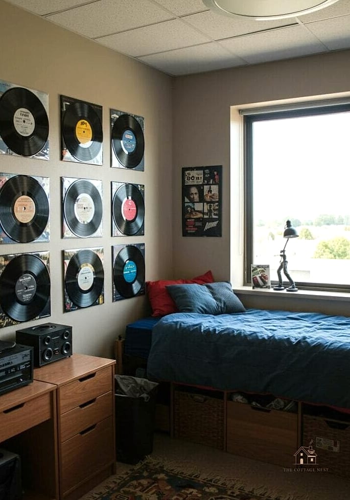 35 Brilliant Dorm Room Wall Decor to Copy Right Now 18 Record or CD Wall Display