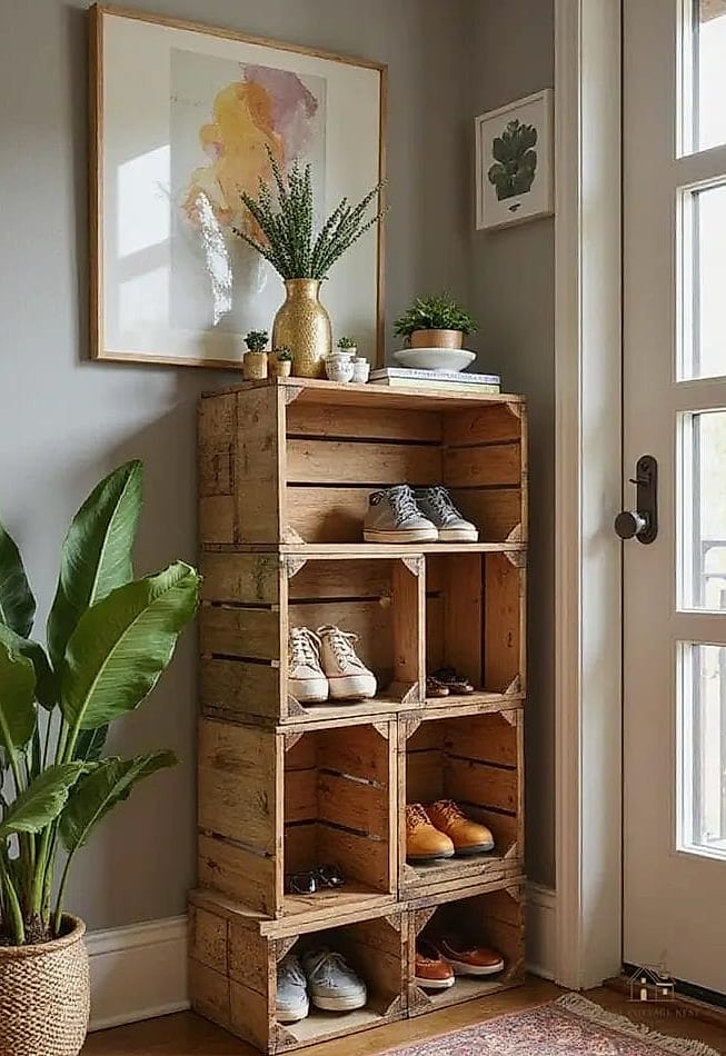 40 Amazing Small Entryway Shoe Storage Ideas on a Budget 24 Recycled Crate Shoe Cubby Wall