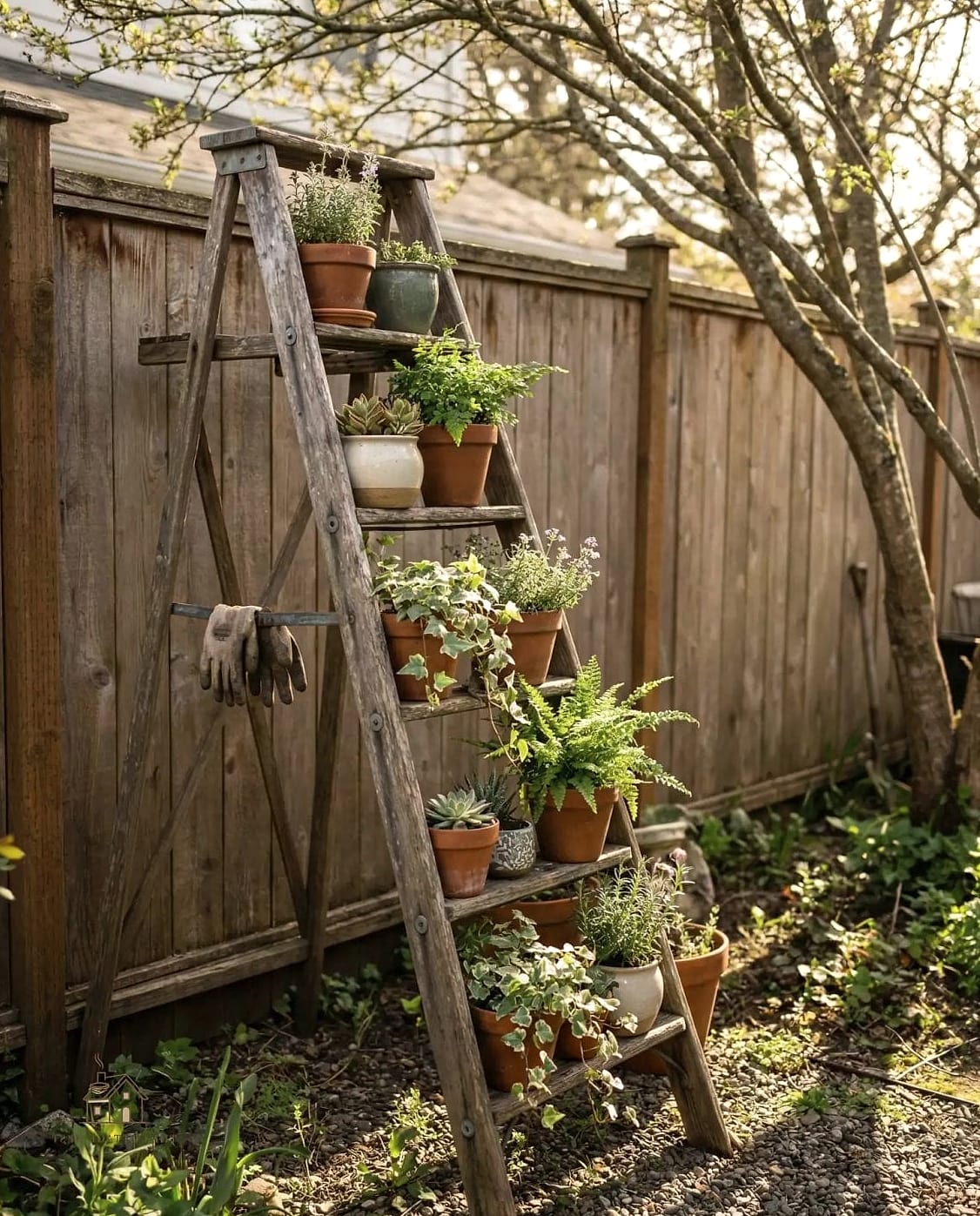 45 Brilliant Boho Garden Ideas to Copy Right Now 22 Repurposed Ladder Plant Stand