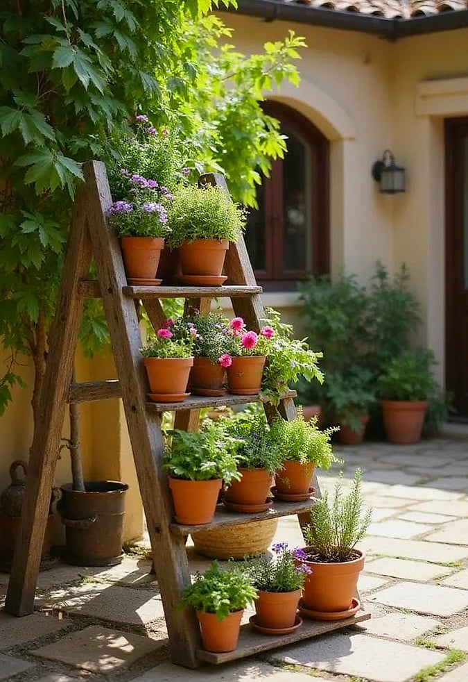 A Repurposed Ladder Plant Stand