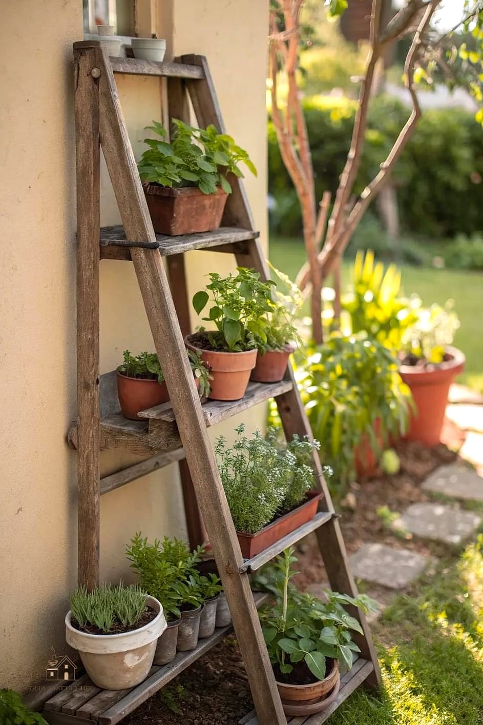 45 Chic Herb Garden Ideas for a Beautiful Home 32 Repurposed Ladder Shelf Garden Tower