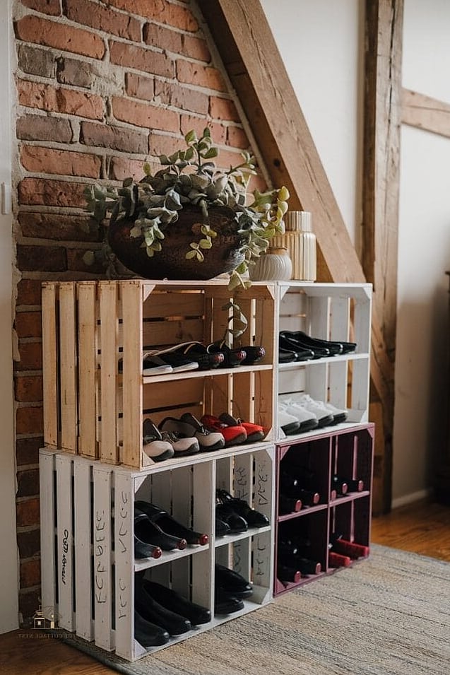 30 Cozy Garage Shoe Storage Ideas Worth Pinning 5 Repurposed Wine Crates Stacked as Cubbies