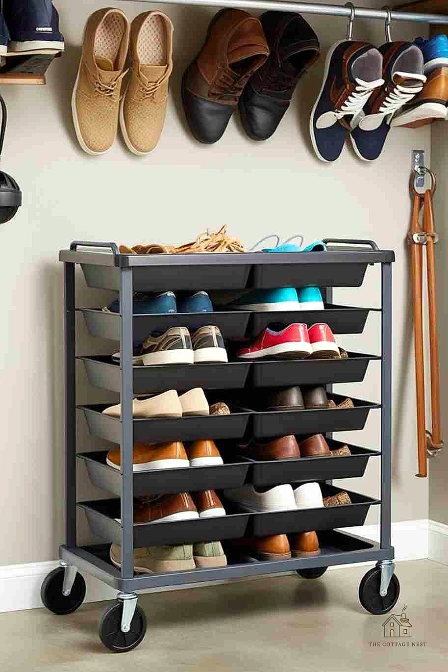 30 Cozy Garage Shoe Storage Ideas Worth Pinning 9 Rolling Shoe Carts for Flexible Storage