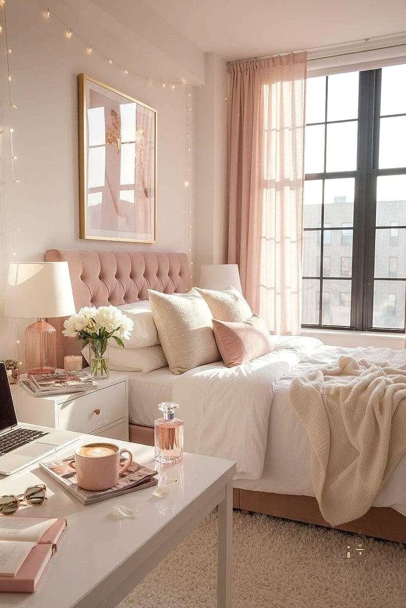 45 Brilliant Pink Dorm Room Ideas to Copy Right Now 16 Rose Gold and Pink Metallic Accents