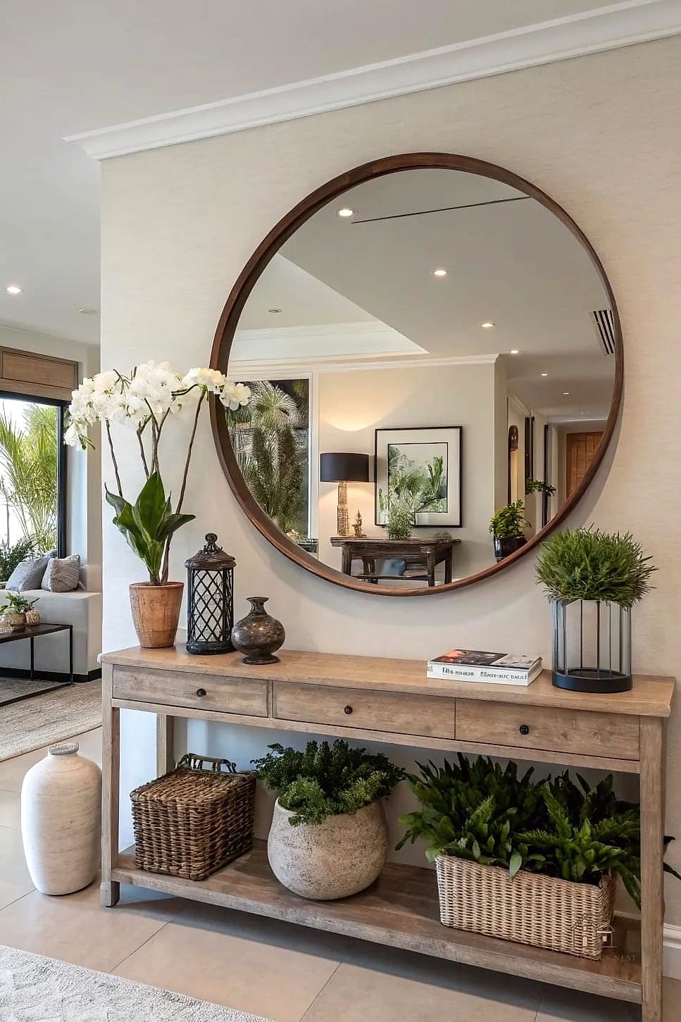25 Creative Entryway Decor Ideas That Will Inspire You 5 A Round Mirror Above the Console
