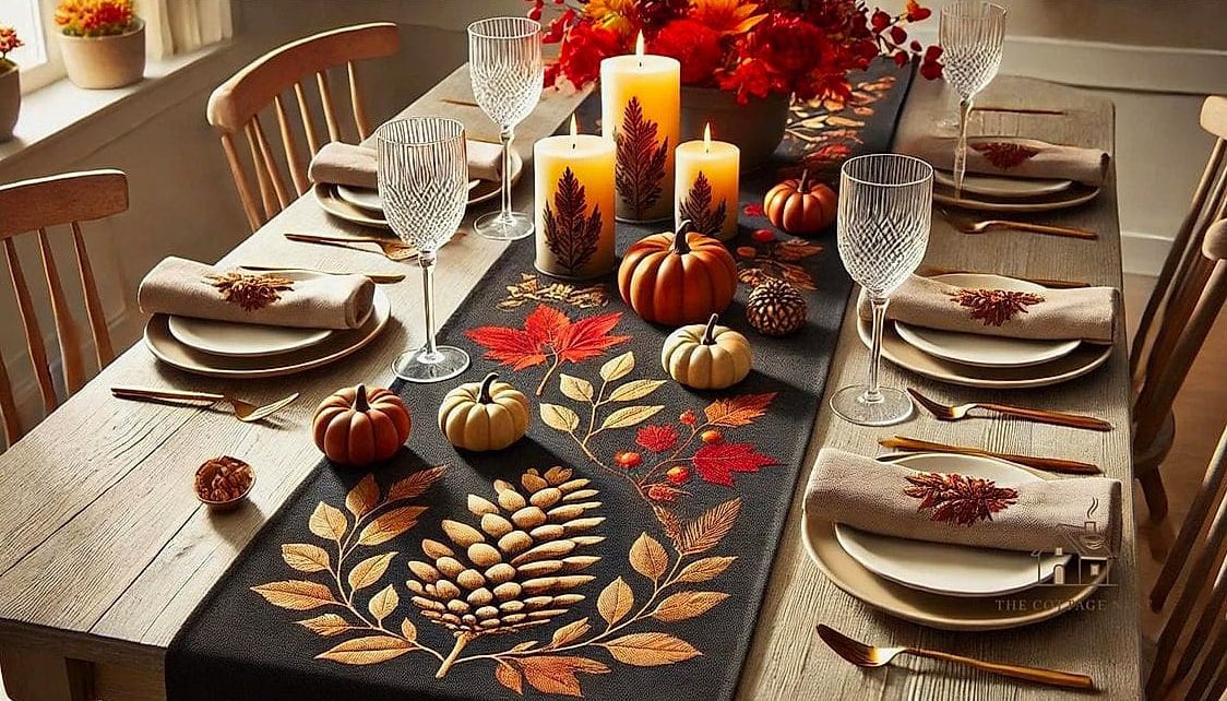15 Creative Fall Dining Table Decor Ideas That Will Inspire You 13 A Runner Anchored by a Wood Slab Centerpiece