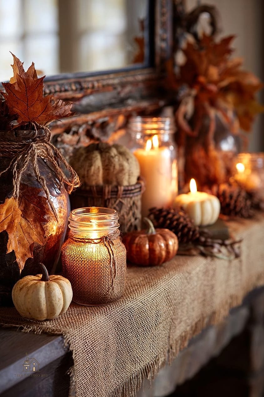 50 Amazing Fall Mantle Decor on a Budget 42 A Runner of Burlap and Lace Combined