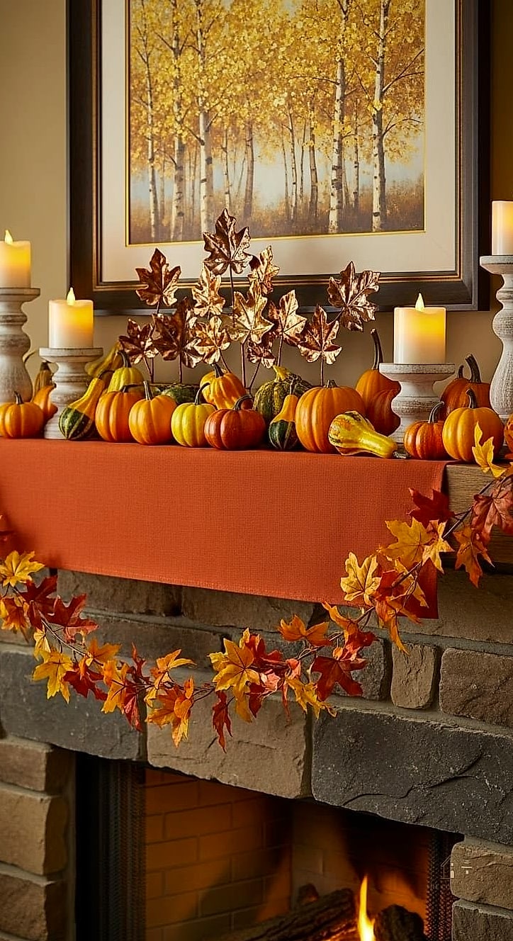 50 Amazing Fall Mantle Decor on a Budget 29 A Runner of Fall Leaves Down the Center